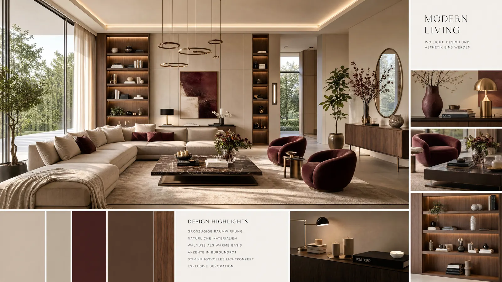 Modern Living Konzeptboard mit Design-Highlights, Walnuss und Burgundrot
