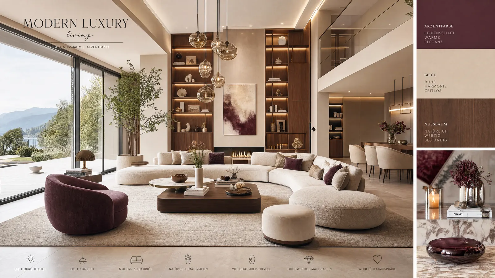 Luxuriöses Wohnkonzept mit Seeblick, geschwungenen Sofas und Bordeaux-Akzenten
