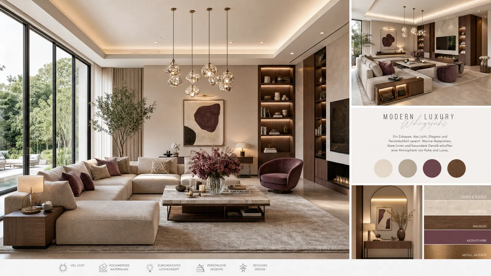 Modern Luxury Wohngefühl – Konzeptboard mit Farbpalette und Raumimpressionen