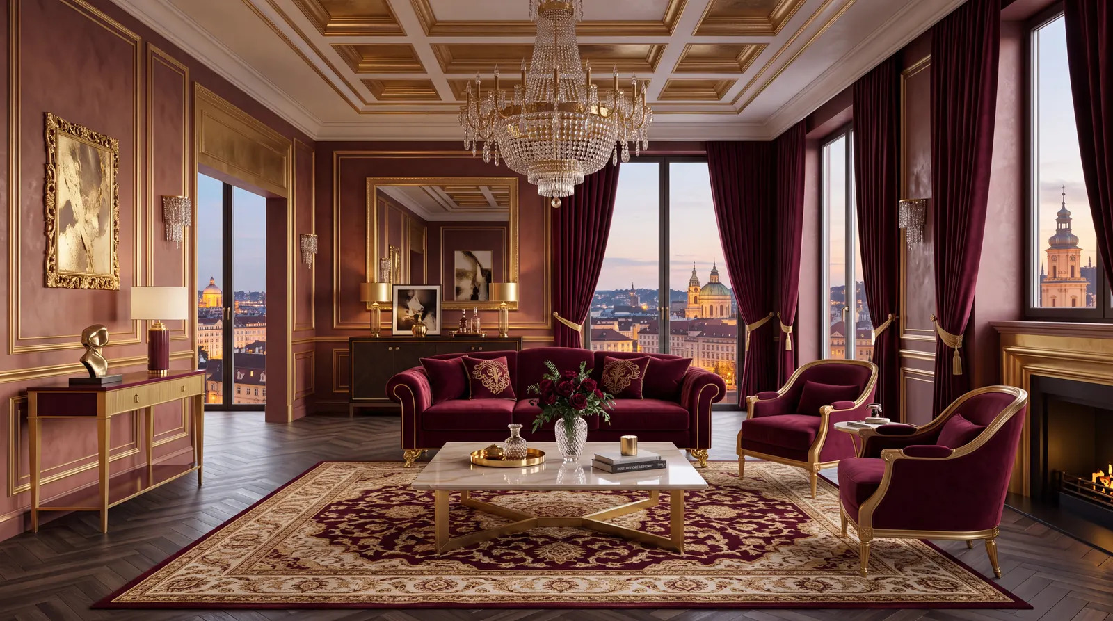 Luxuriöser Salon in Bordeaux und Gold mit Kronleuchter und Stadtblick