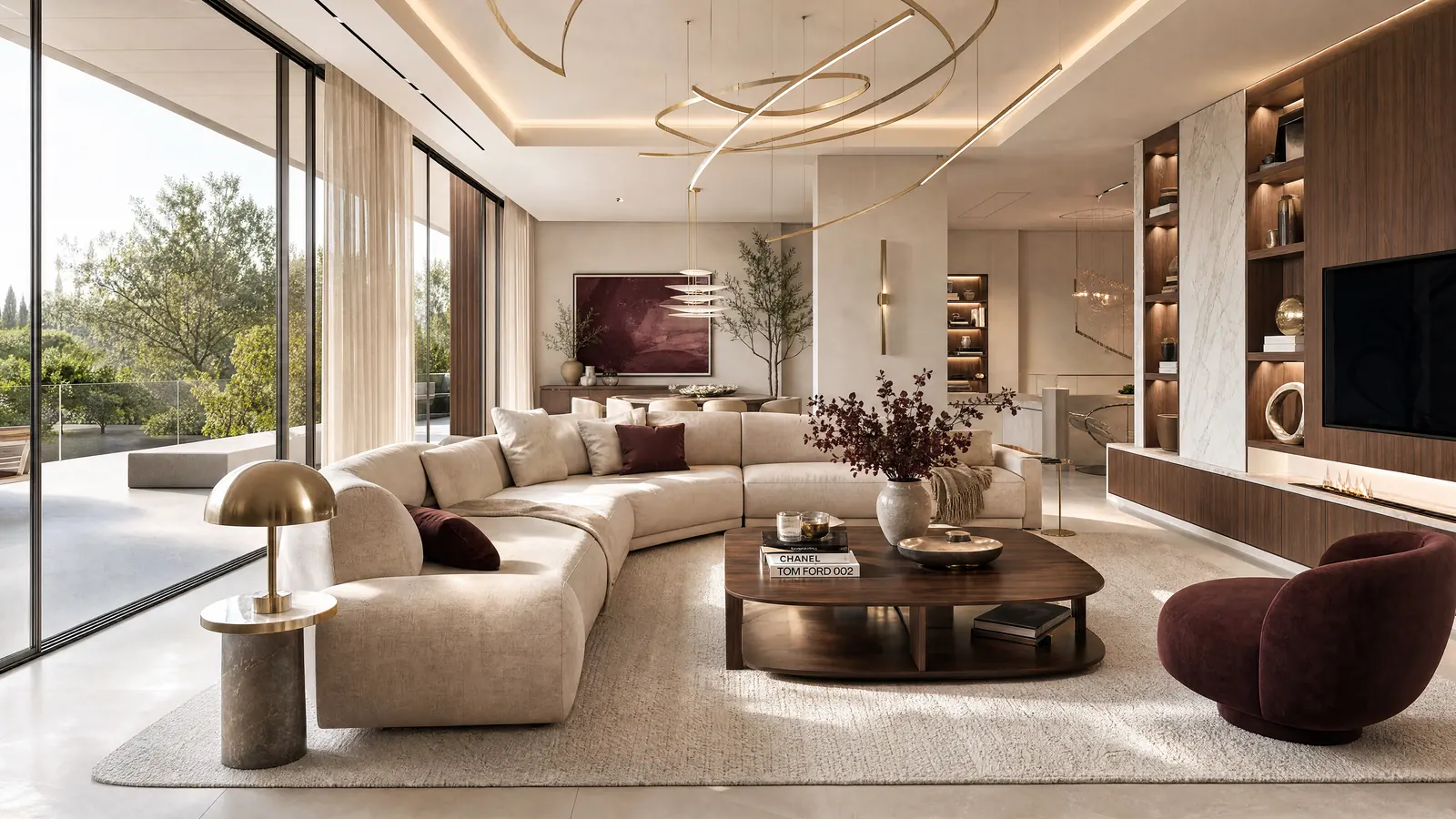 Modernes Luxus-Wohnzimmer in Beige mit Bordeaux-Akzenten und Holzregalen